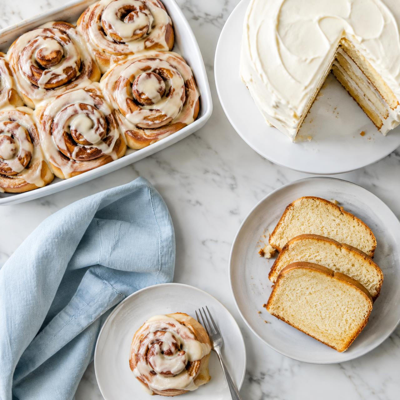 Cinnamon rolls, layered cake and pound cake